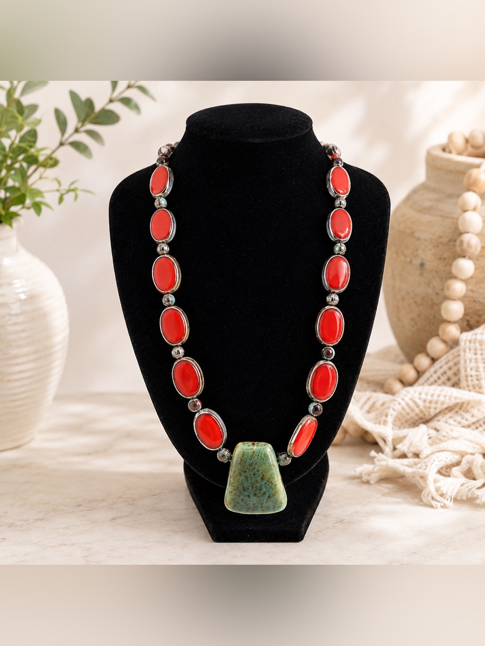 VTG Statement Necklace Red Glass Beads Ceramic Green,Blue‎ Brown Stunning! Boho
